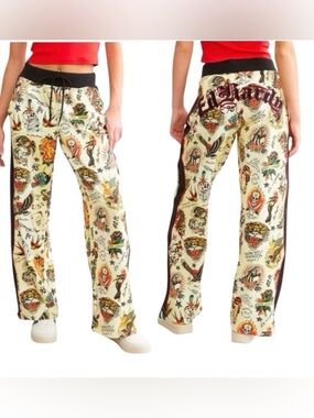 Ed Hardy Y2K Flashboard Track Pants Multi Color Large Pockets Graphic NWT